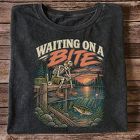 Waiting on a Bite Skeleton Bass Fishing Graphic T-Shirt
