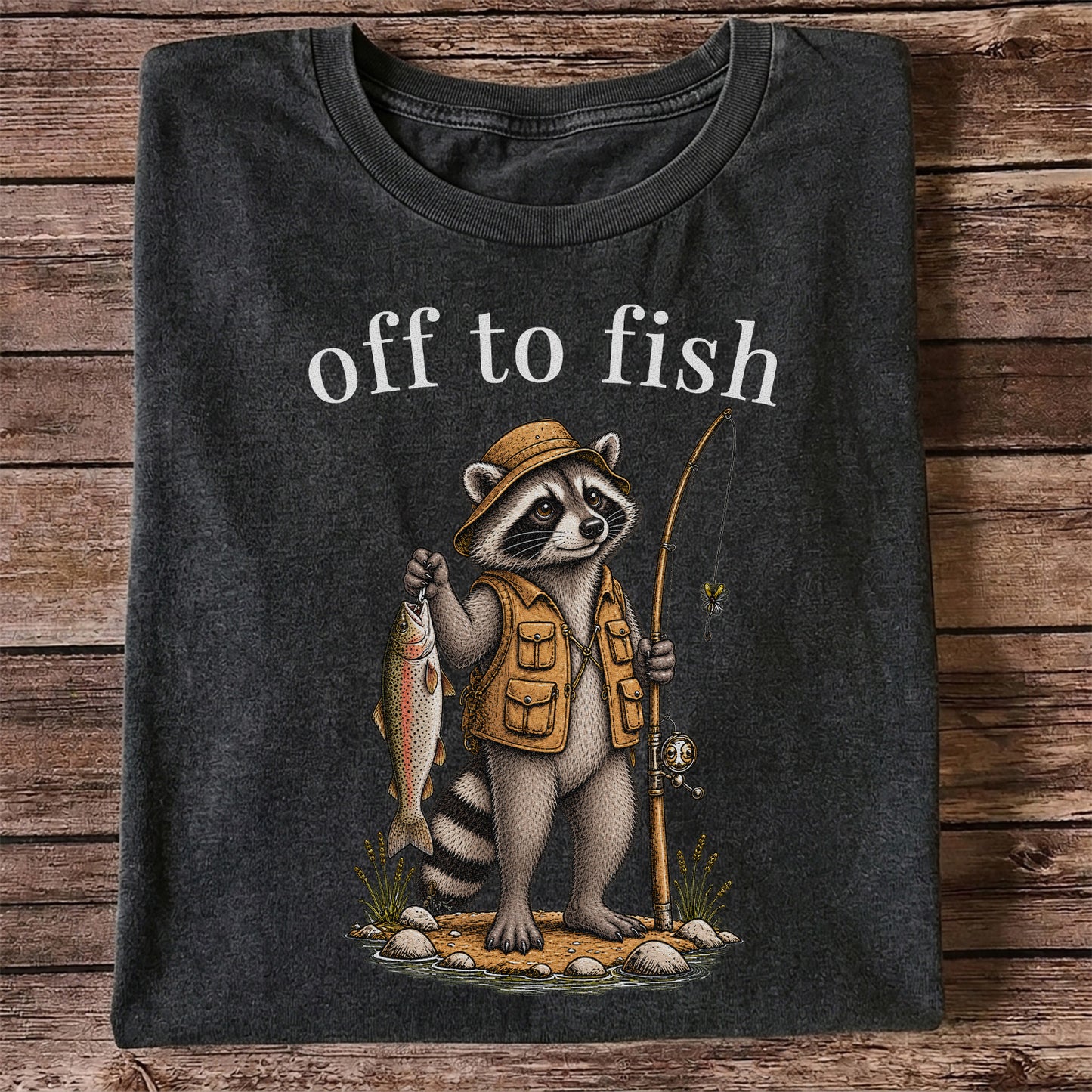 Off to Fish Raccoon Angler Funny Fishing T-Shirt