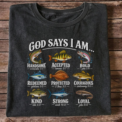 God Says I Am Christian Fish and Bible Verse Fishing Graphic T-Shirt