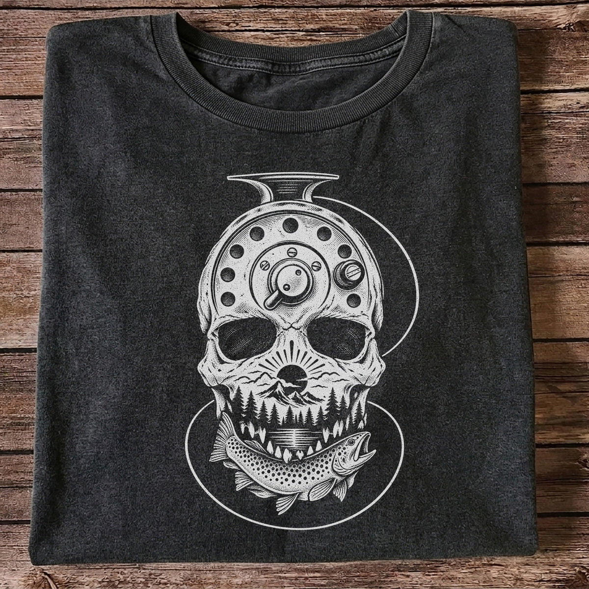 Trout and Fly Fishing Reel Skull Mountain Graphic T-Shirt