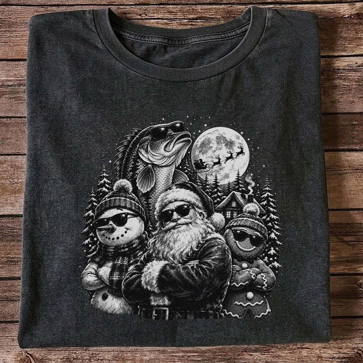 Santa Snowman Gingerbread and Bass Christmas Fishing T-Shirt