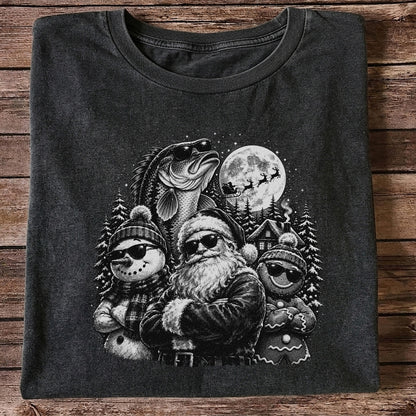 Santa Snowman Gingerbread and Bass Christmas Fishing T-Shirt