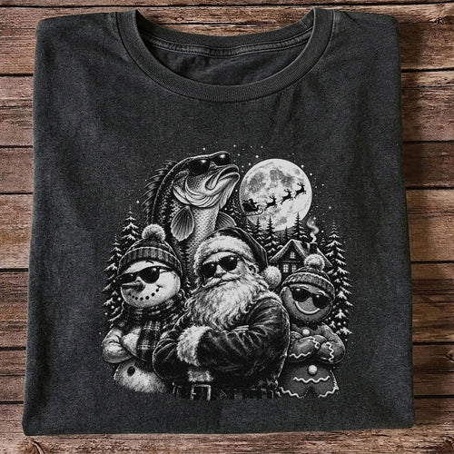 Santa Snowman Gingerbread and Bass Christmas Fishing T-Shirt