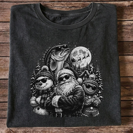Santa Snowman Gingerbread and Bass Christmas Fishing T-Shirt