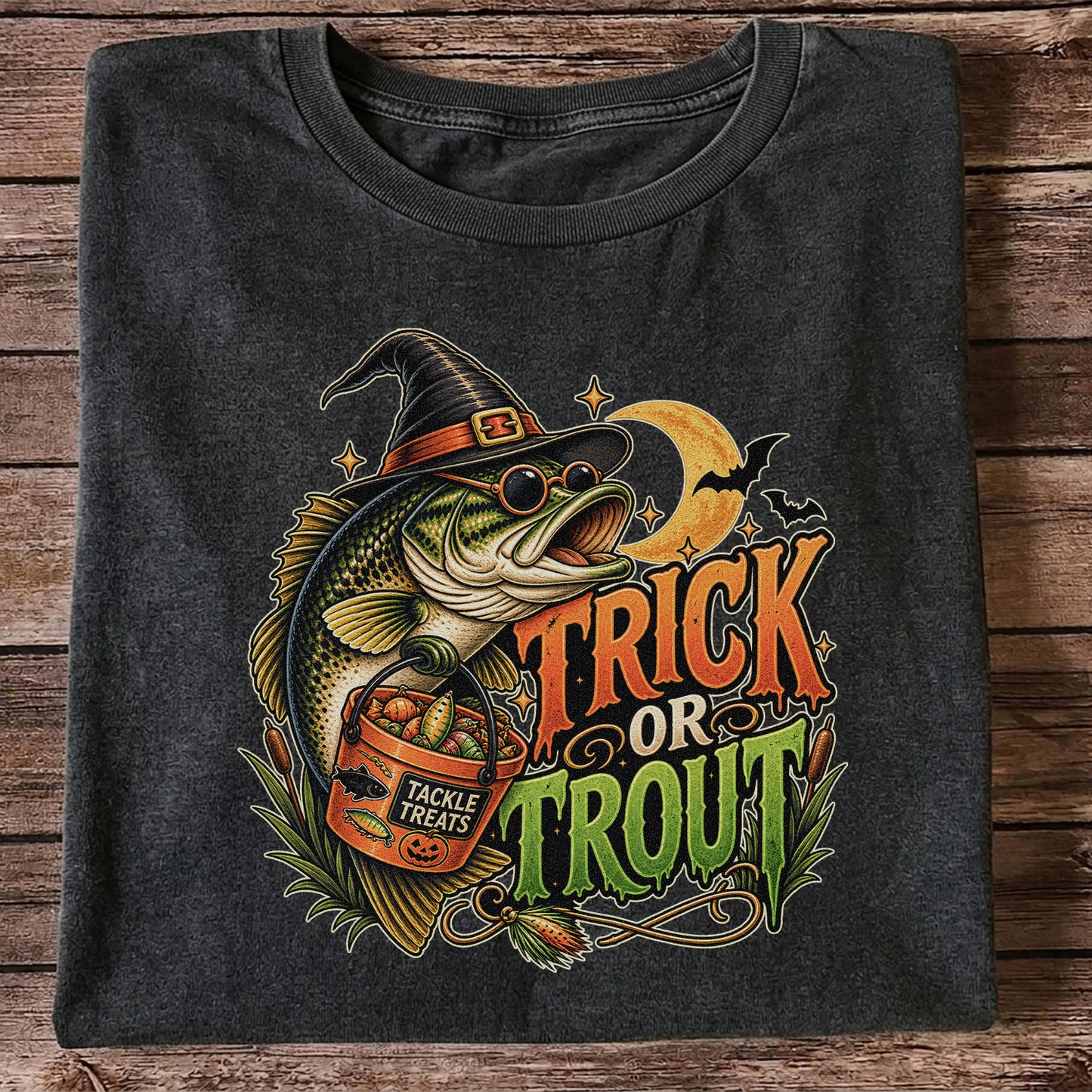 Trick or Trout Bass in Witch Hat with Tackle Treats Halloween Fishing T-Shirt