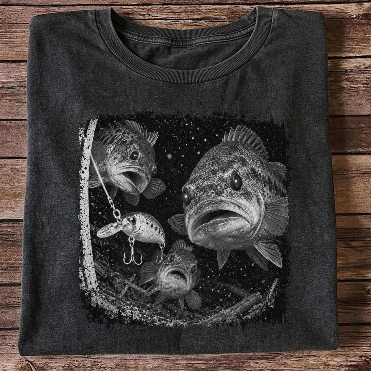 Vintage Bass Fishing Graphic T-Shirt with Underwater Fish Artwork