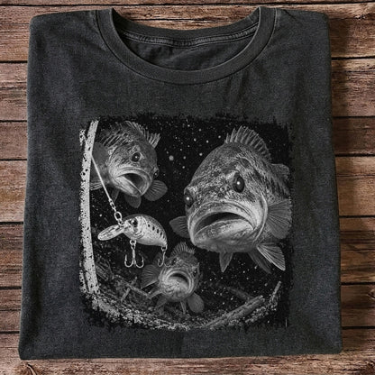 Vintage Bass Fishing Graphic T-Shirt with Underwater Fish Artwork