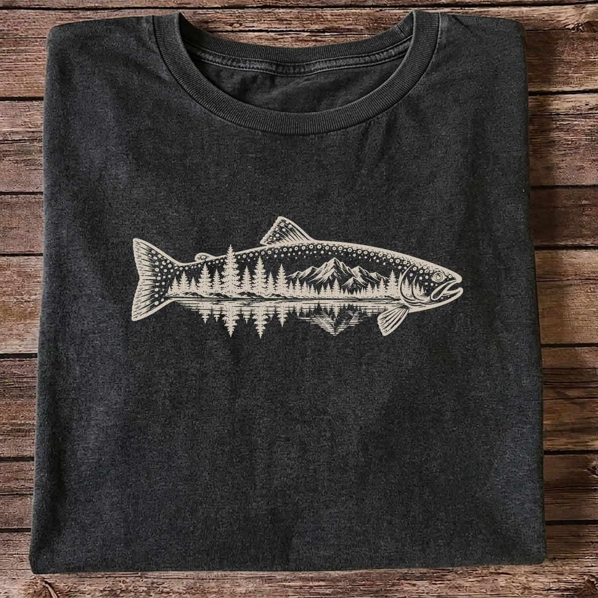 Trout Mountain Forest Reflection Fishing Graphic T-Shirt