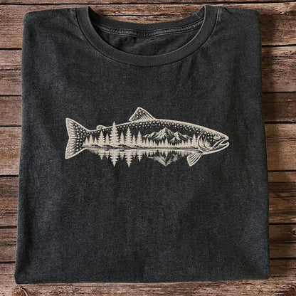 Trout Mountain Forest Reflection Fishing Graphic T-Shirt