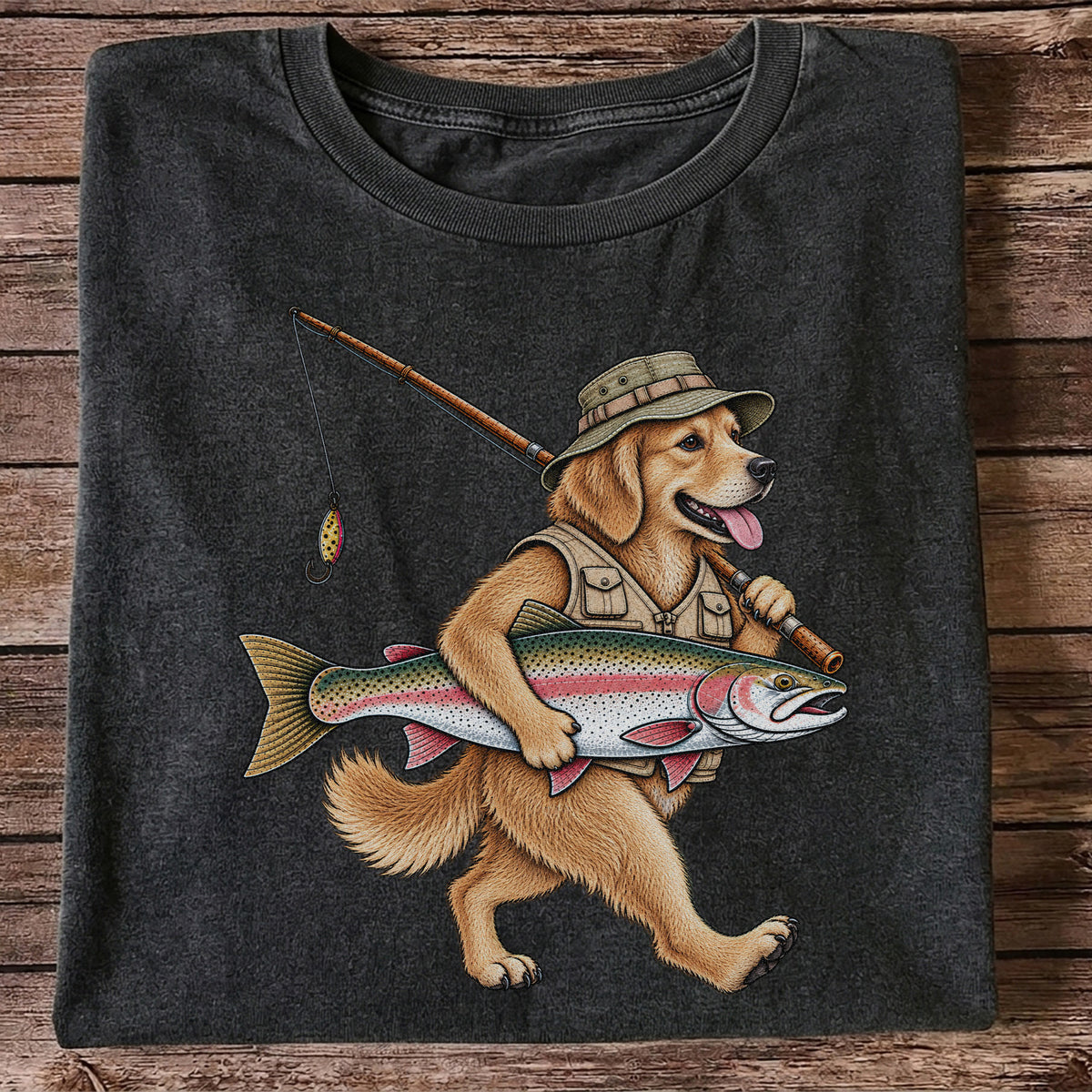 Golden Retriever Holding Rainbow Trout Fishing Graphic T-Shirt