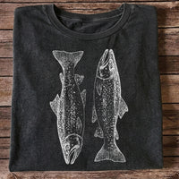 Two Salmon Vintage Line Art Fishing Graphic T-Shirt