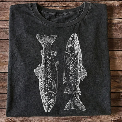 Two Salmon Vintage Line Art Fishing Graphic T-Shirt