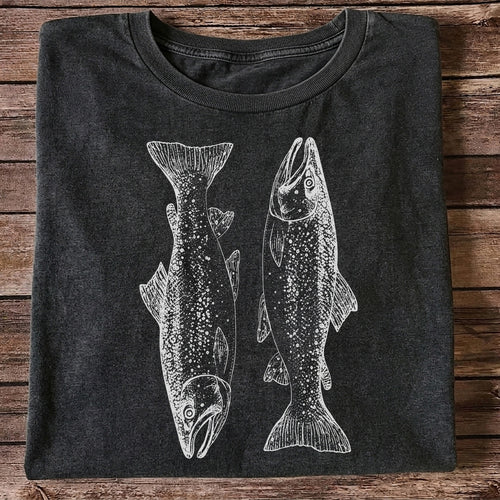 Two Salmon Vintage Line Art Fishing Graphic T-Shirt