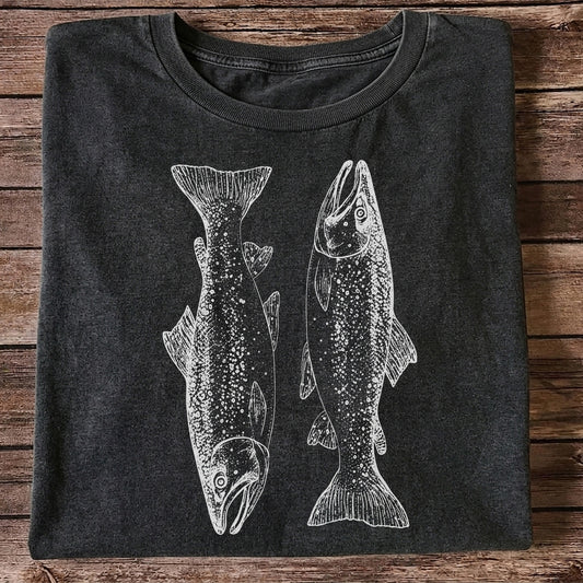 Two Salmon Vintage Line Art Fishing Graphic T-Shirt