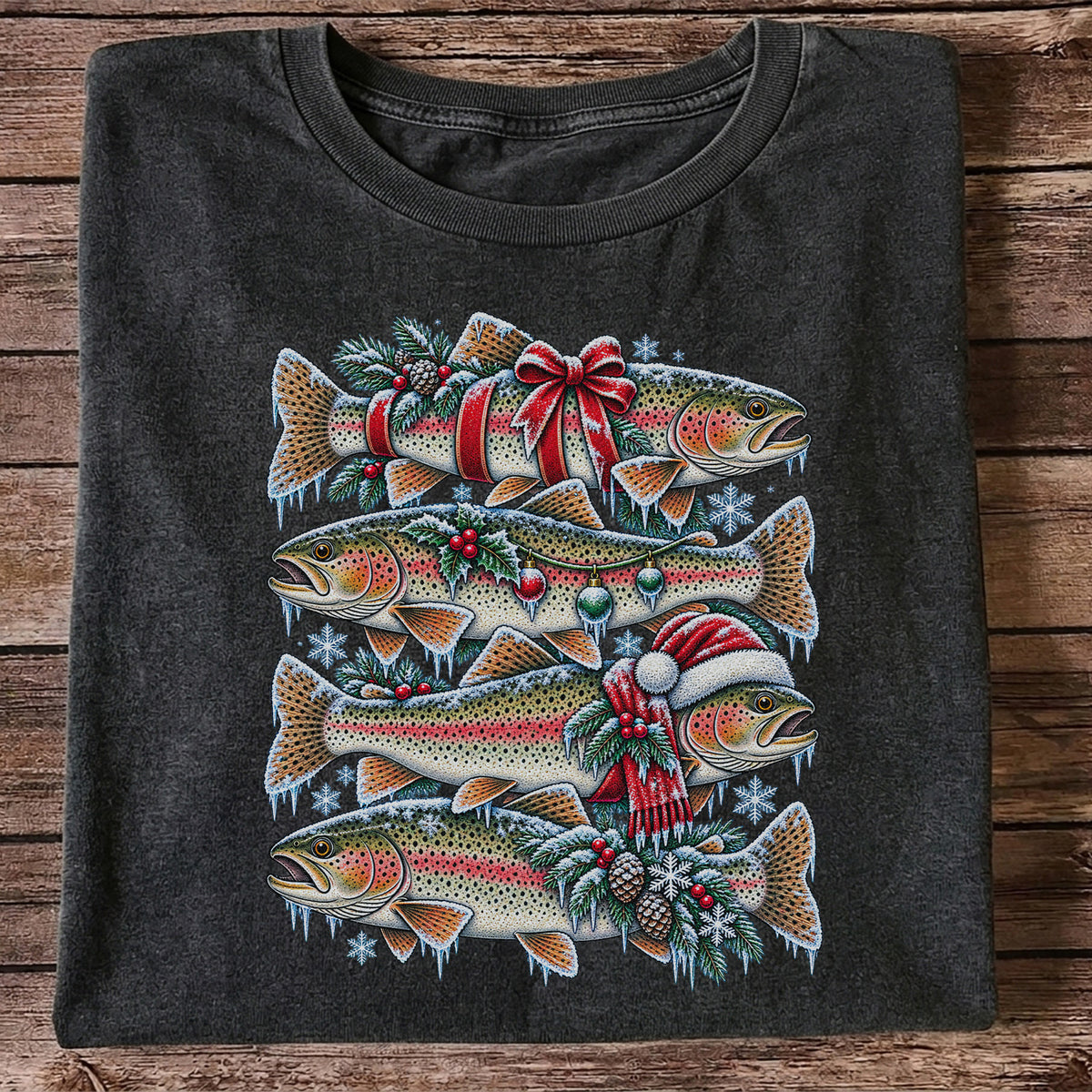 Festive Rainbow Trout Christmas Fishing Graphic T-Shirt