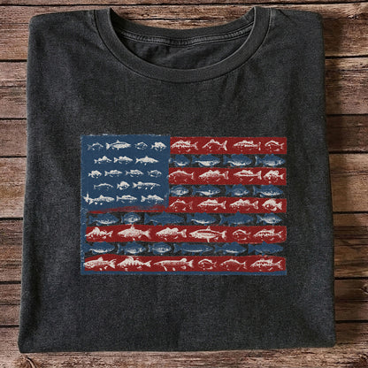 American Flag Made of Fish Patriotic Fishing Graphic T-Shirt