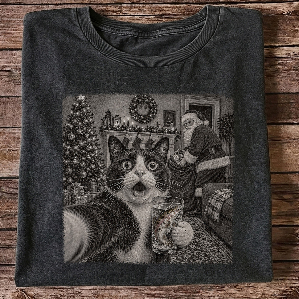 Christmas Cat Holding a Fish Mug Holiday Graphic T-Shirt