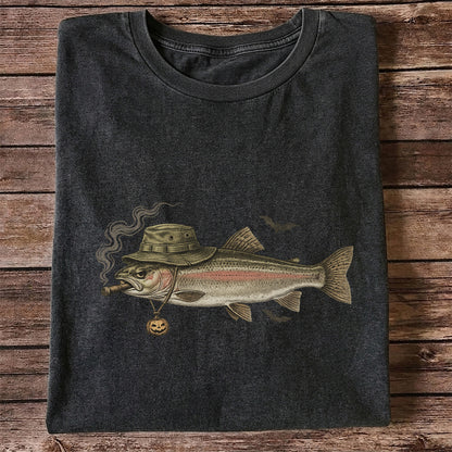 Halloween Trout in Fishing Hat with Pumpkin Charm Graphic T-Shirt