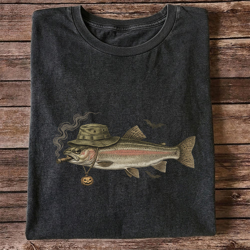 Halloween Trout in Fishing Hat with Pumpkin Charm Graphic T-Shirt