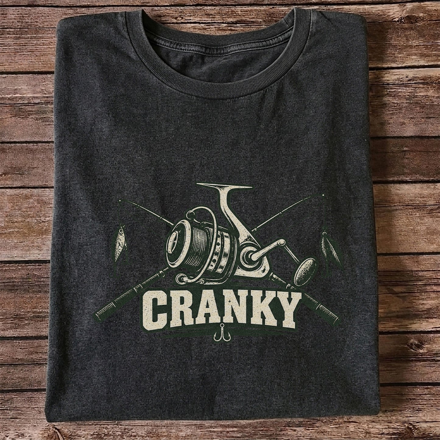 Cranky Fishing Reel and Crossed Rods Graphic T-Shirt