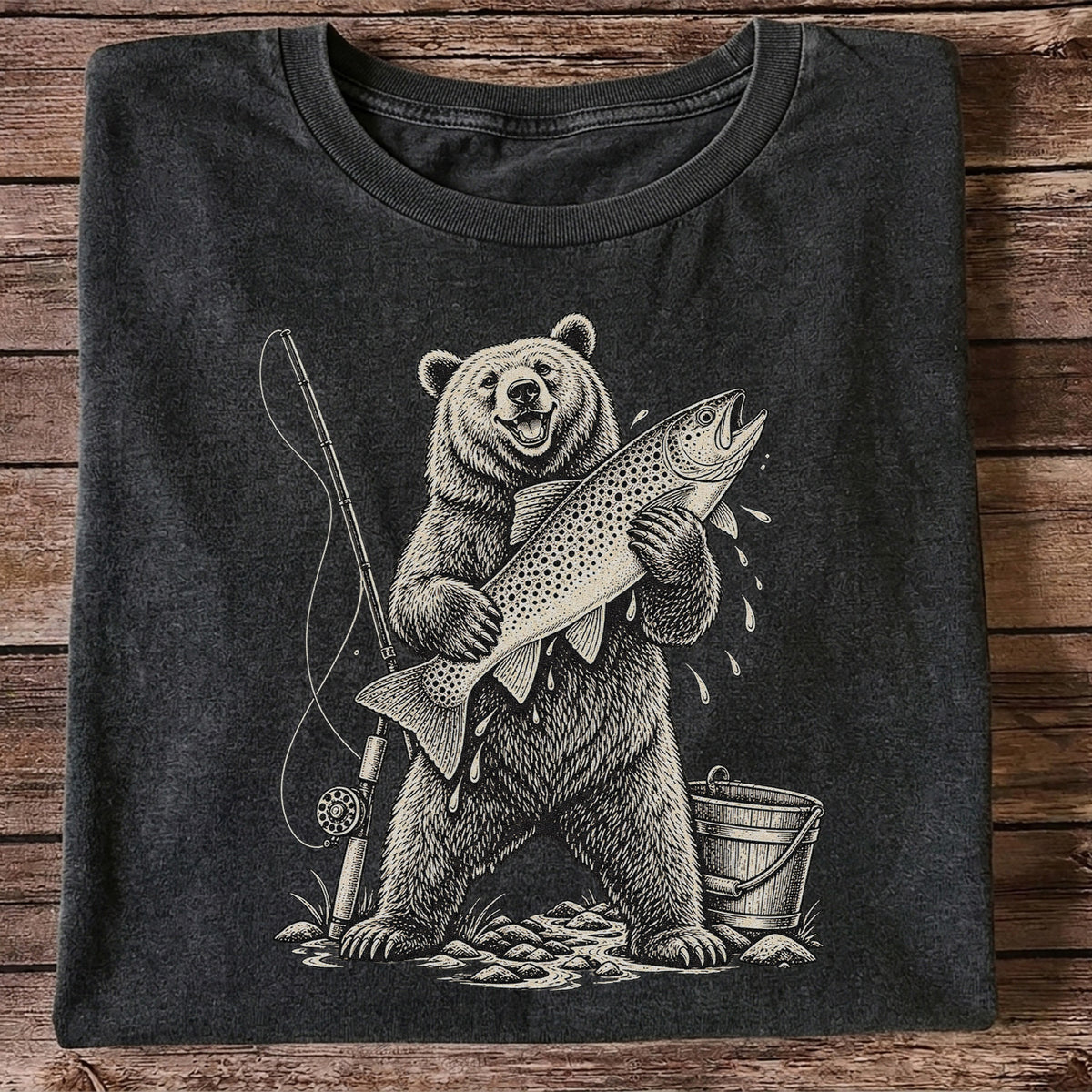 Bear Holding Trout Fishing Graphic T-Shirt