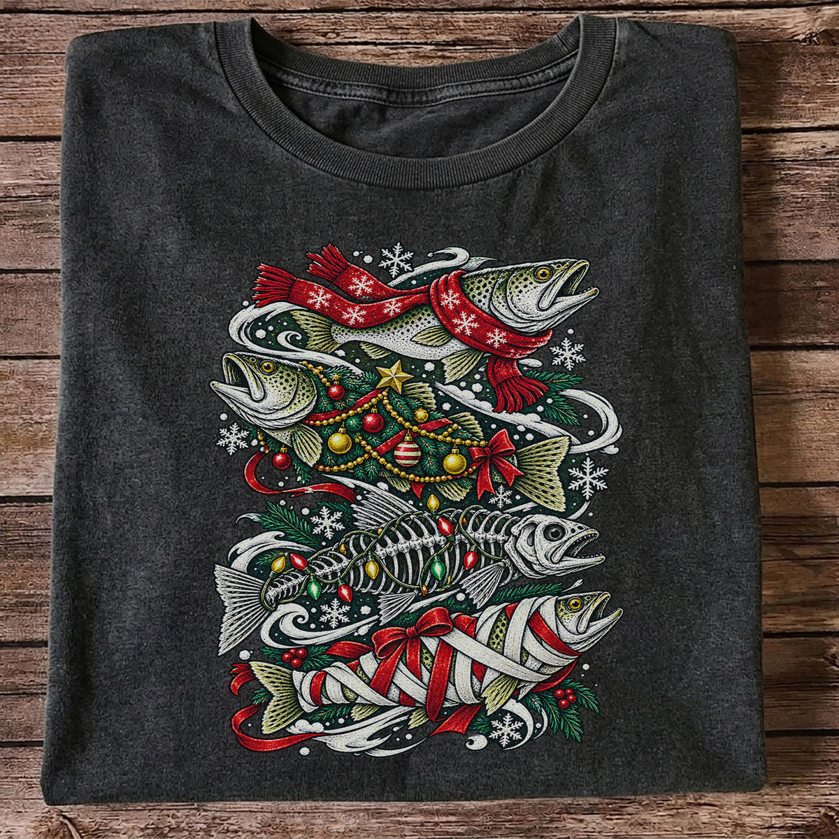 Christmas Trout and Fish Skeleton Holiday Fishing T-Shirt