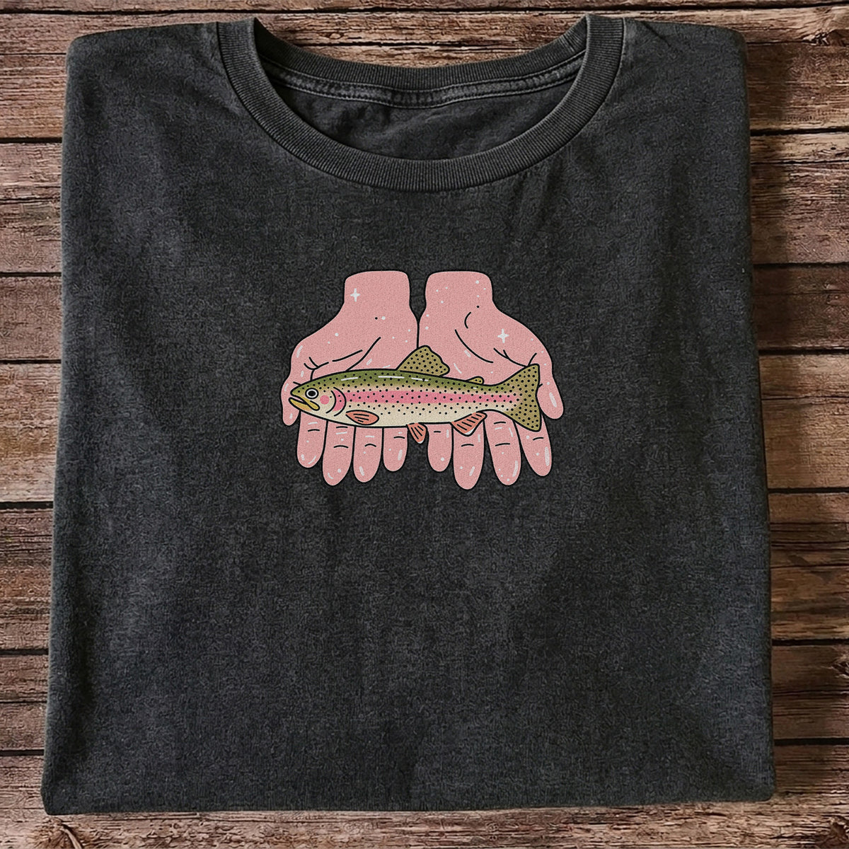Rainbow Trout Held in Pink Hands Fishing Graphic T-Shirt