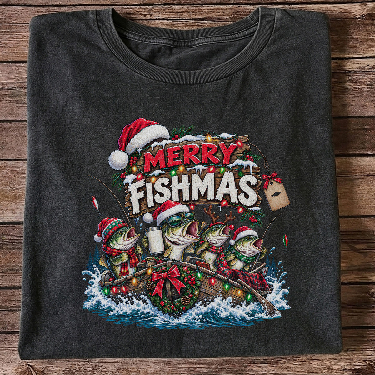 Merry Fishmas Christmas Bass in a Fishing Boat Graphic T-Shirt