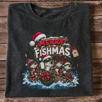 Merry Fishmas Christmas Bass in a Fishing Boat Graphic T-Shirt