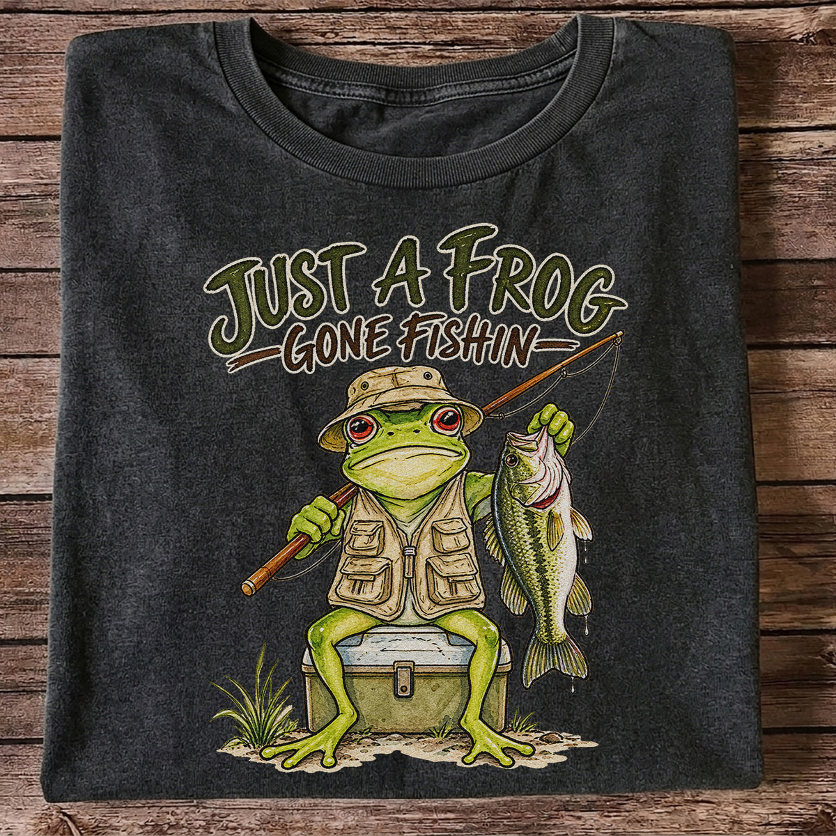 Just a Frog Gone Fishin' Bass Fishing Graphic T-Shirt
