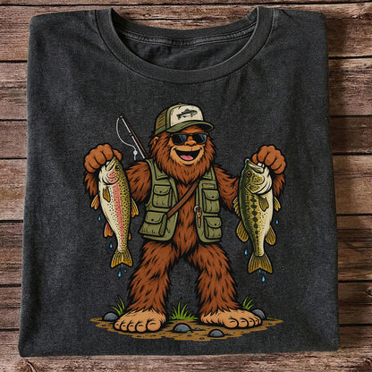 Bigfoot Holding Rainbow Trout and Bass Fishing Graphic T-Shirt