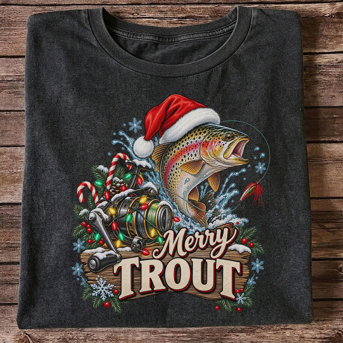 Merry Trout Christmas Rainbow Trout and Fishing Reel T-Shirt