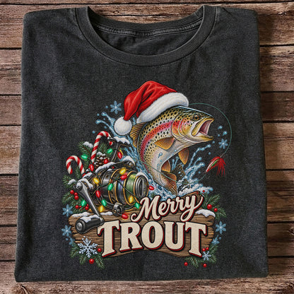 Merry Trout Christmas Rainbow Trout and Fishing Reel T-Shirt