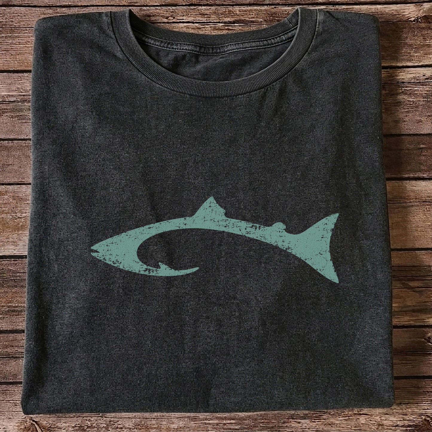 Distressed Salmon Fish Hook Silhouette Fishing T-Shirt