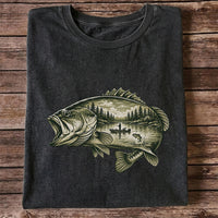 Vintage Bass Lake Fishing Scene Graphic T-Shirt