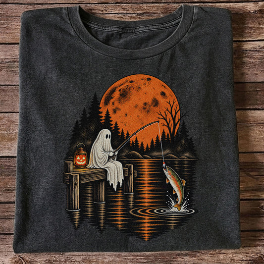 Ghost Fishing for Rainbow Trout Under an Orange Moon Halloween T-Shirt