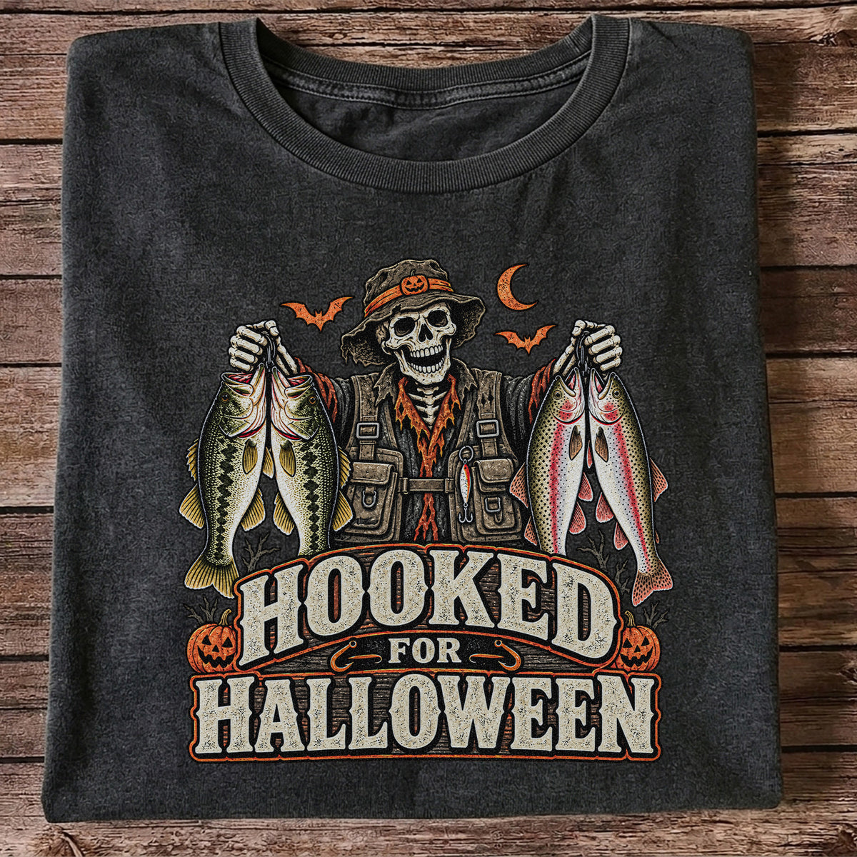 Hooked for Halloween Skeleton Angler with Bass and Trout Fishing T-Shirt