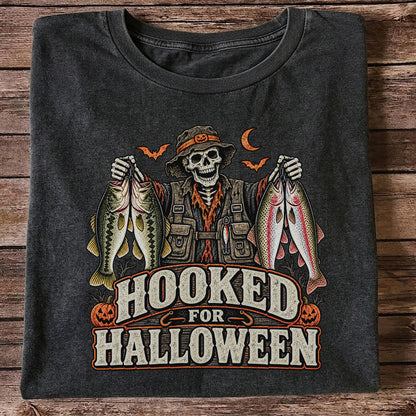 Hooked for Halloween Skeleton Angler with Bass and Trout Fishing T-Shirt