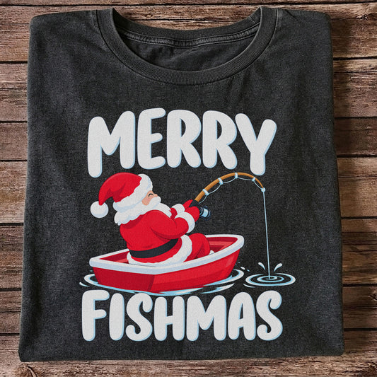 Santa Claus Boat Fishing Christmas Graphic T-Shirt