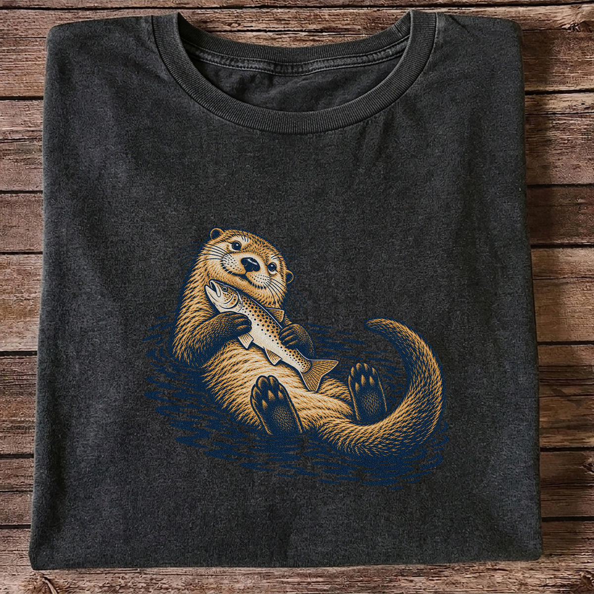 Cute Otter Holding Fish Hand Drawn Fishing Graphic T-Shirt