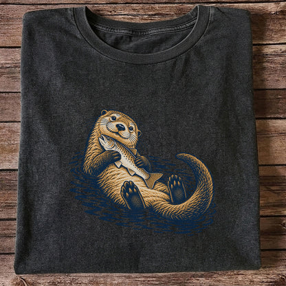 Cute Otter Holding Fish Hand Drawn Fishing Graphic T-Shirt