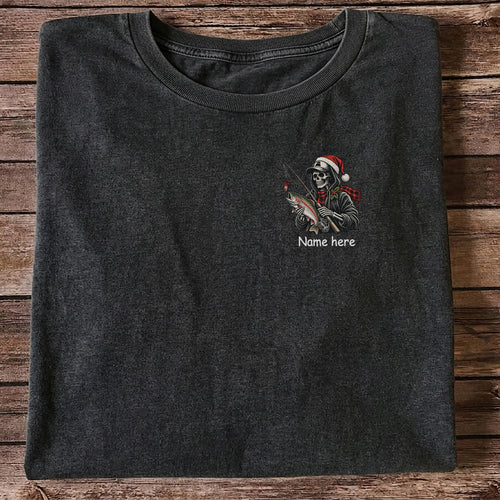 Name Here Personalized Christmas Skeleton Trout Fishing T-Shirt