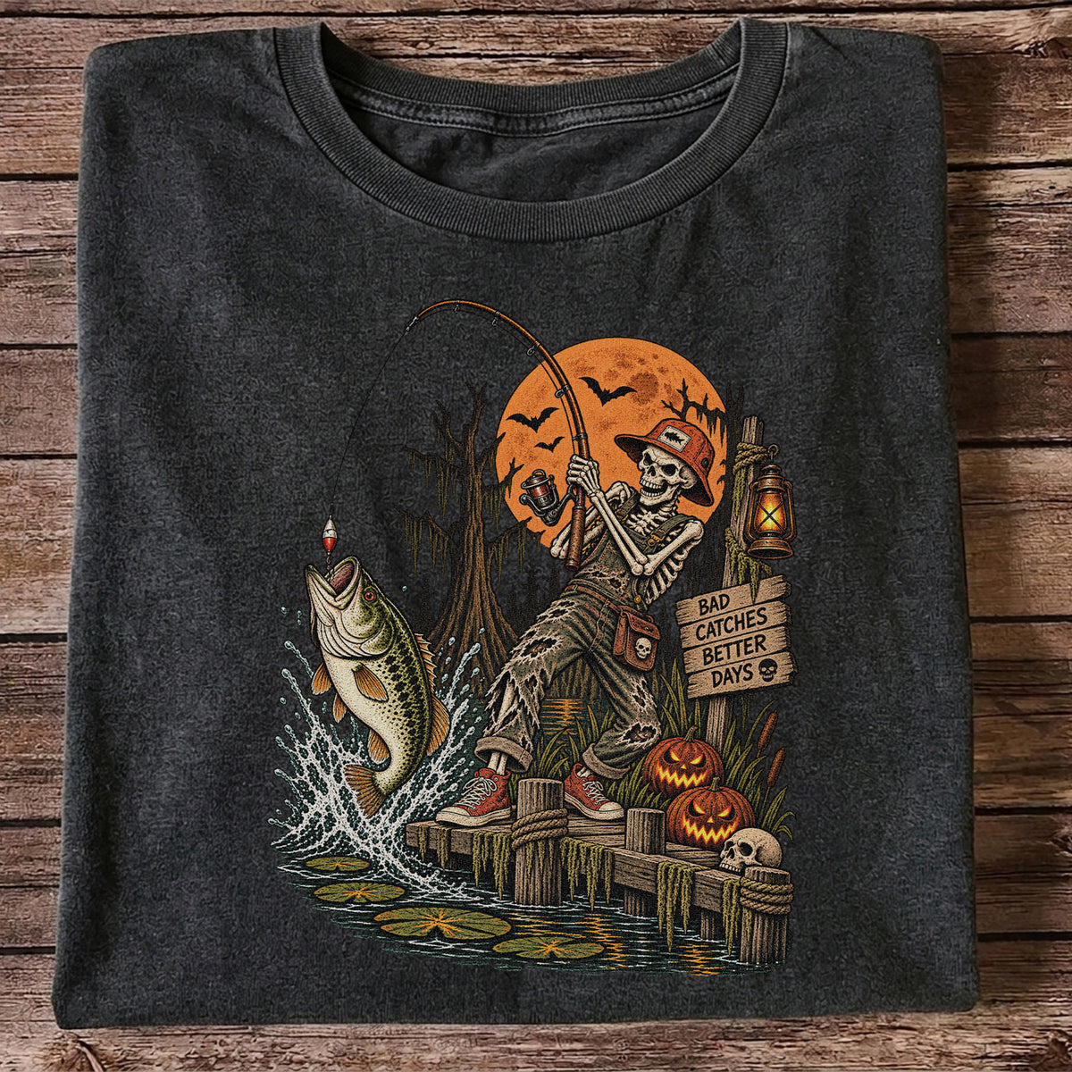 Bad Catches Better Days Skeleton and Bass Halloween Fishing T-Shirt