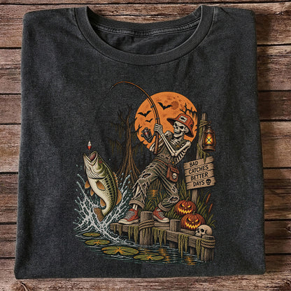 Bad Catches Better Days Skeleton and Bass Halloween Fishing T-Shirt