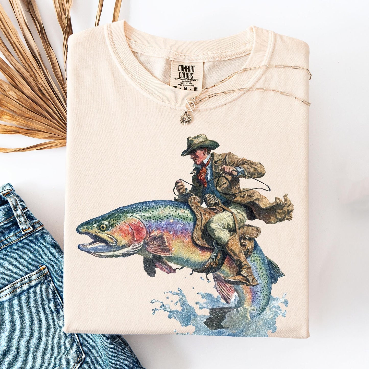 Cowboy Riding Rainbow Trout Fishing T-Shirt