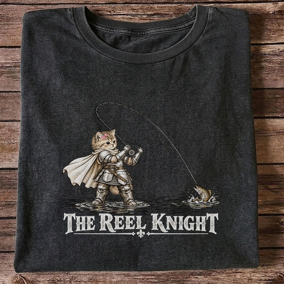 The Reel Knight Cat in Armor Funny Fishing Graphic T-Shirt