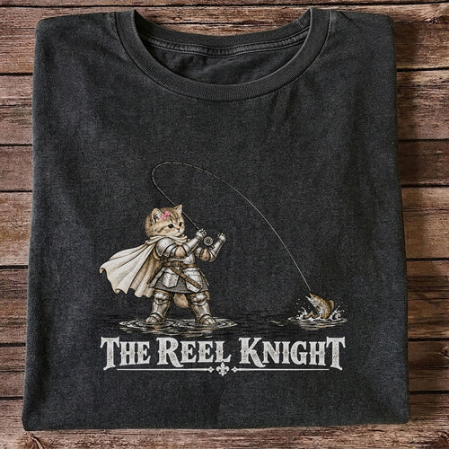 The Reel Knight Cat in Armor Funny Fishing Graphic T-Shirt