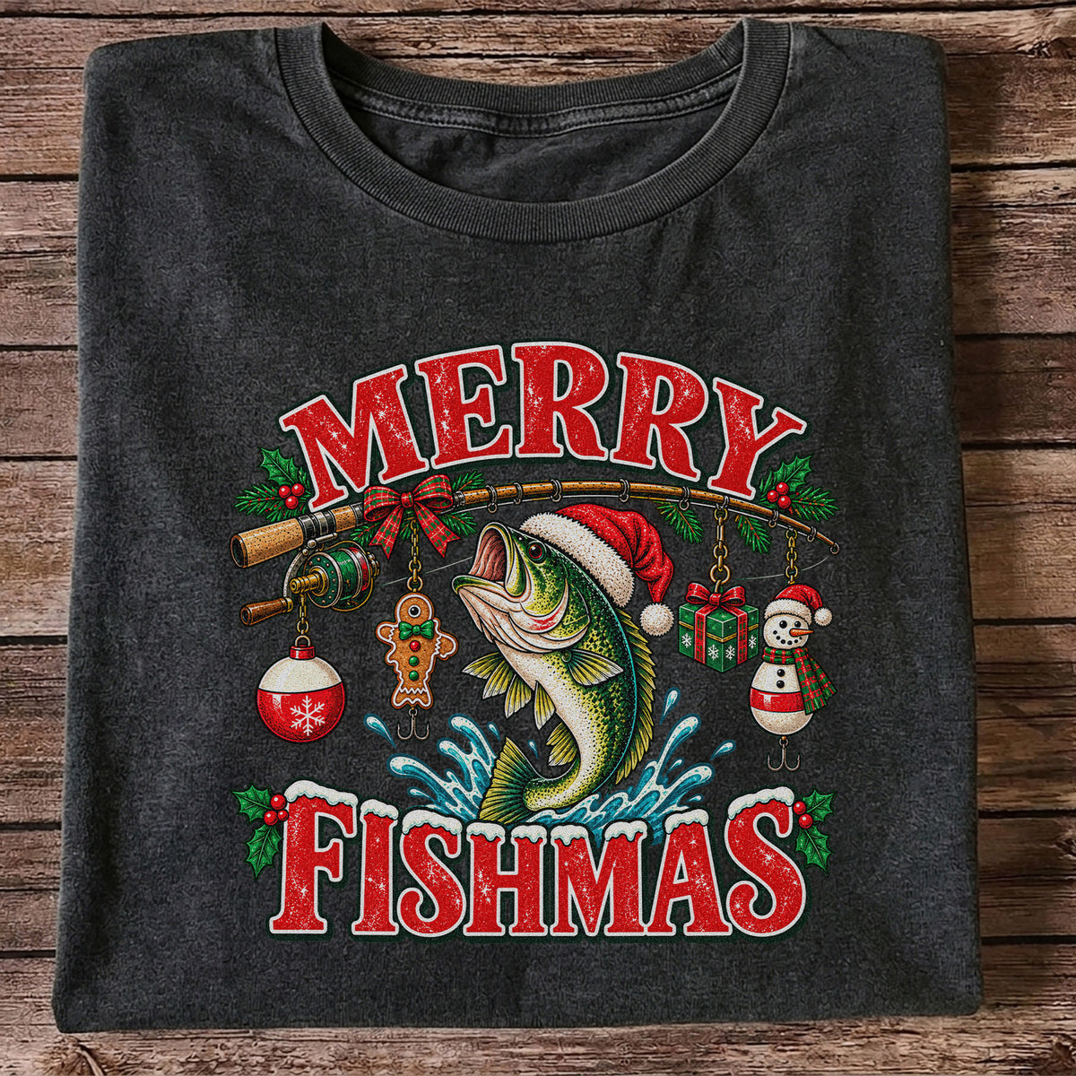 Merry Fishmas Santa Bass Christmas Fishing Graphic T-Shirt