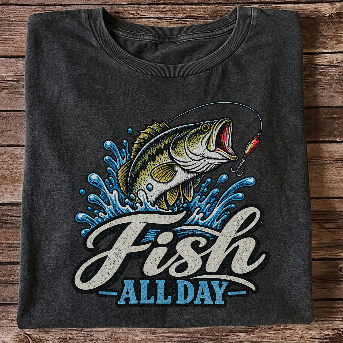 Fish All Day Jumping Bass Fishing Graphic T-Shirt