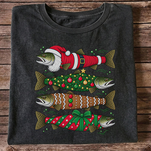 Christmas Trout Santa Tree and Gift Wrap Fishing T-Shirt